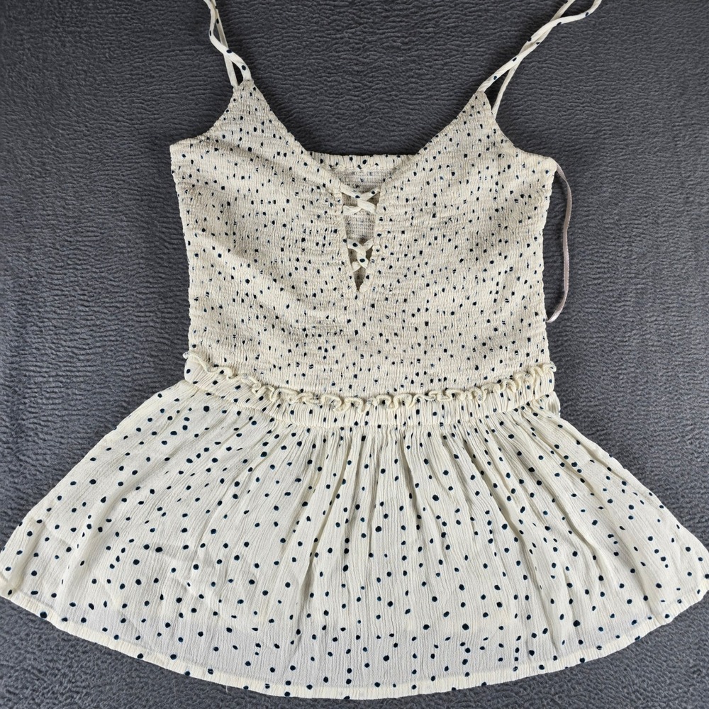 Womens Polka Dot Smocked Lace Up Cami Top Cream Navy Blue Peplum Tank